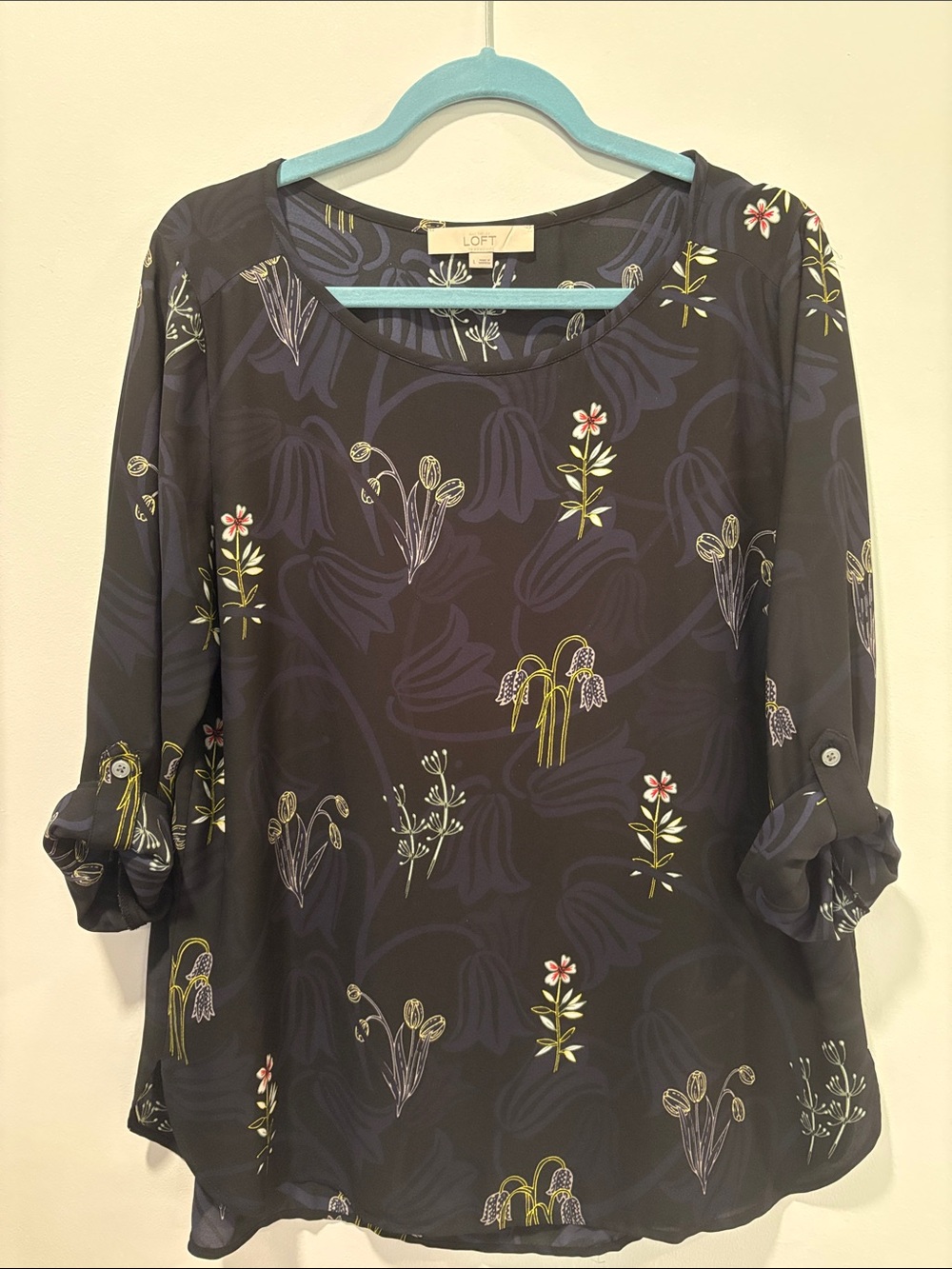 LOFT Navy Floral Print Roll-Tab Blouse